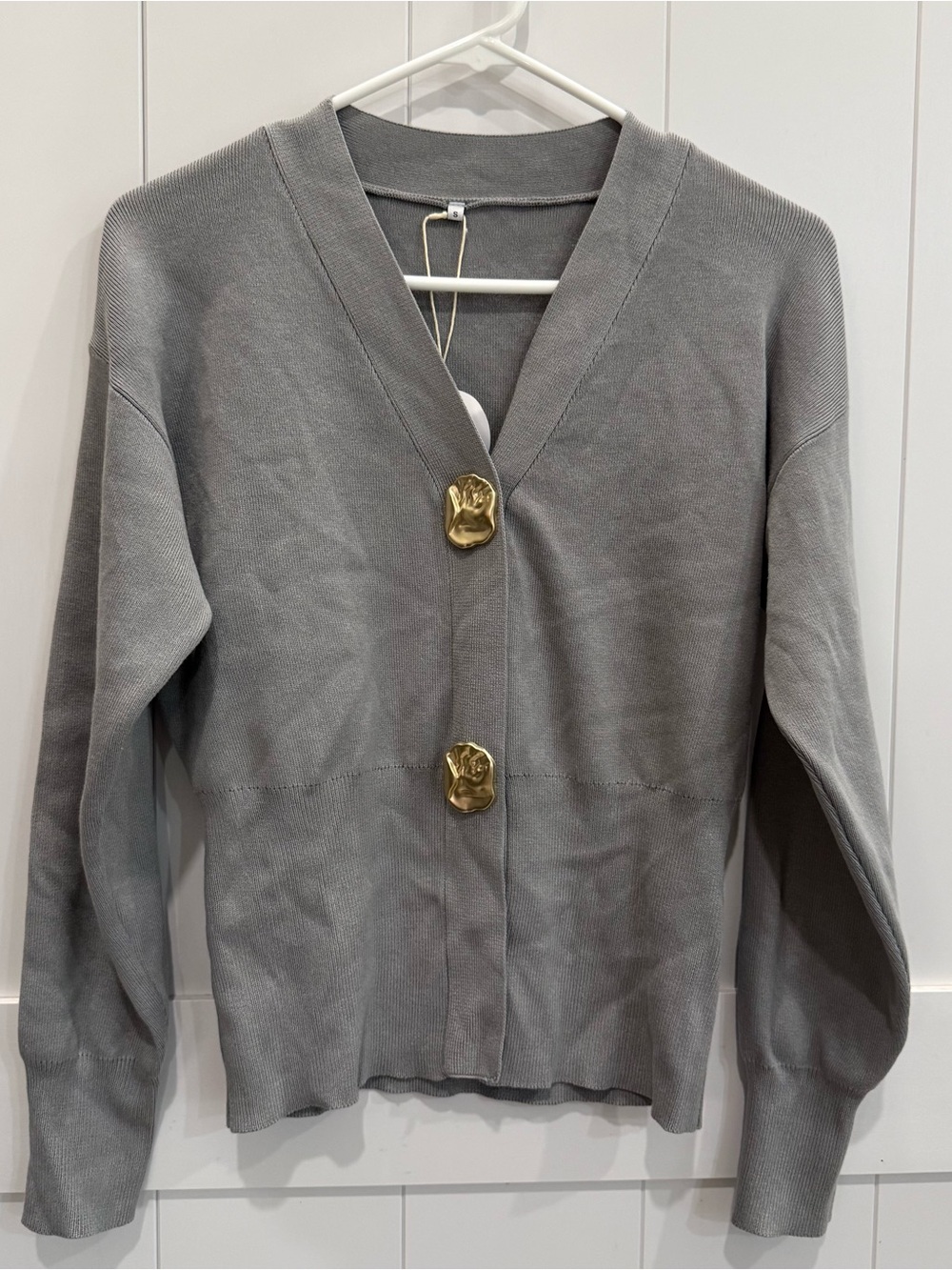 NWT Size Small  Gray Cardigan Sweater with Statement Gold Buttons V Neck